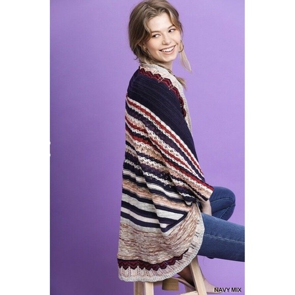 Umgee Flower Jacquard Striped Long Sleeve Sweater